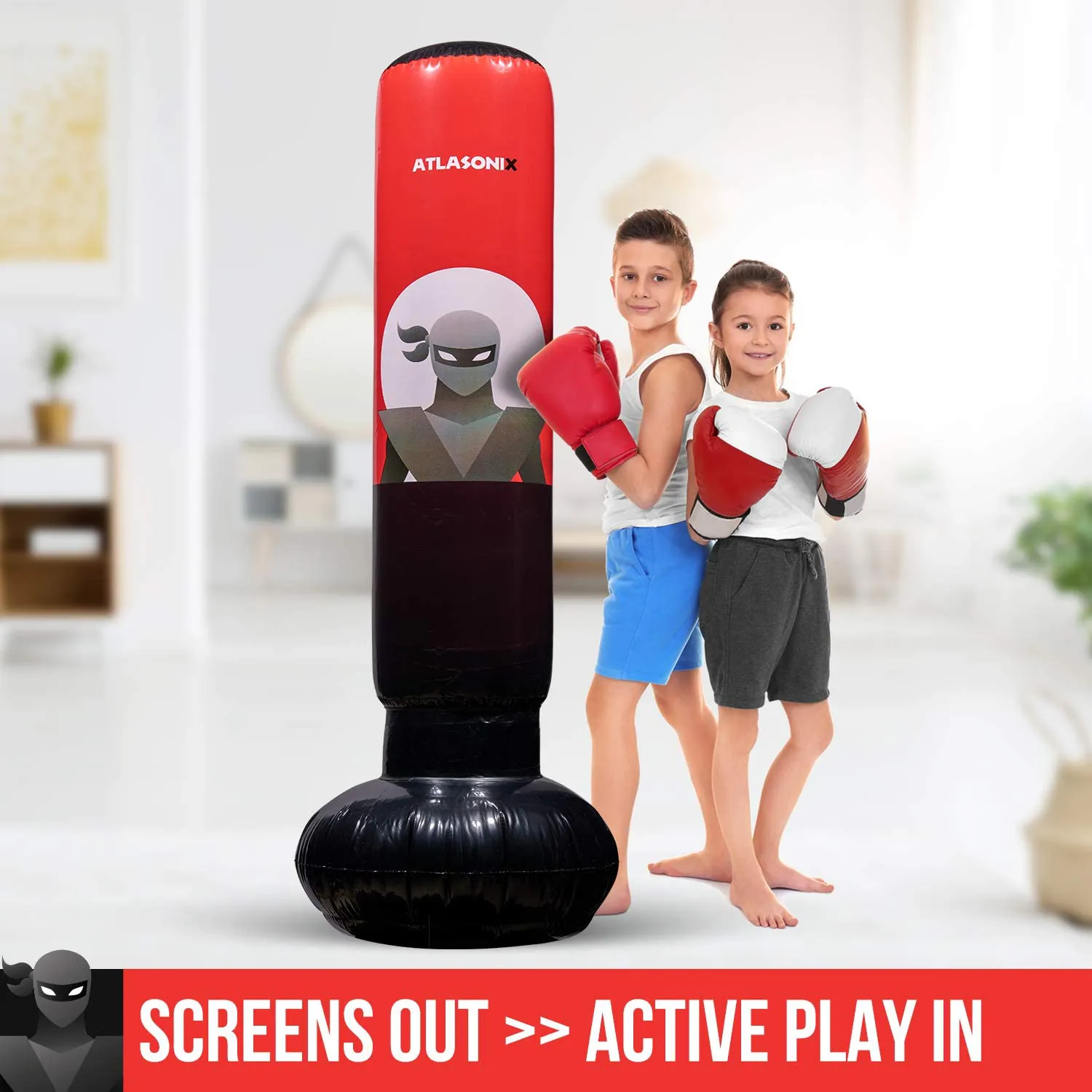 Inflatable Kids Punching Bag – Free Standing Ninja Boxing Bag for Immediate Bounce-Back for Practicing Karate, Taekwondo, MMA and to Relieve Pent Up Energy in Kids and Adults/Tall 5’ 3”