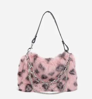 Plush Leopard Pattern Pink Brown White Shoulder Messenger Bag